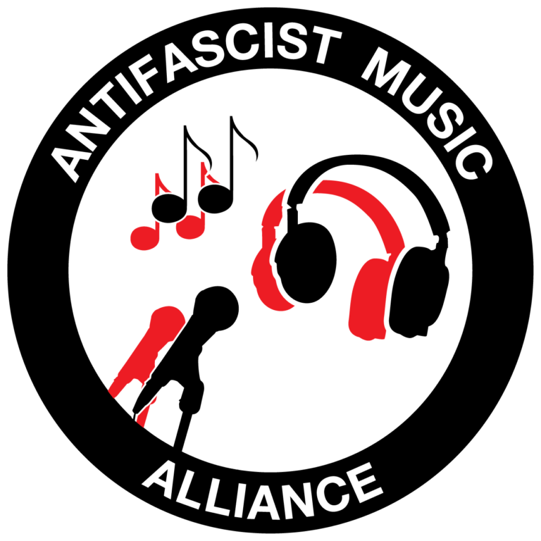 Logo of Antifascist Music Alliance. A black circle which is white on the edges. 'Antifascist Music' is written at the top part in white letters. And at the bottom 'Alliance' is written, also in white. In the middle there are drawings of a music note, headphones and microphone all in red and black on a white backdrop