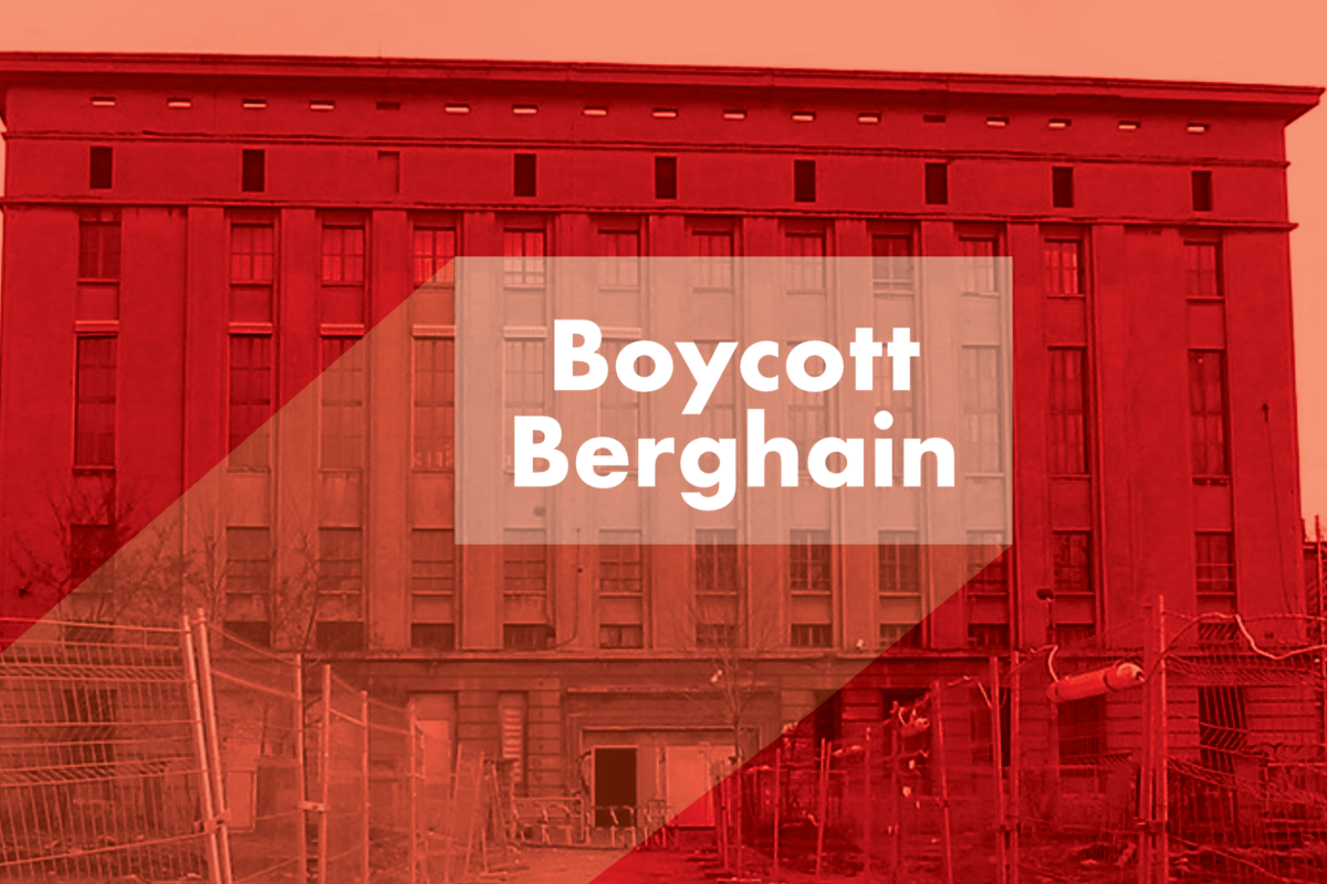 photograph of Berghain club washed in red, with a photoshopped projection on top that says, "Boycott Berghain"