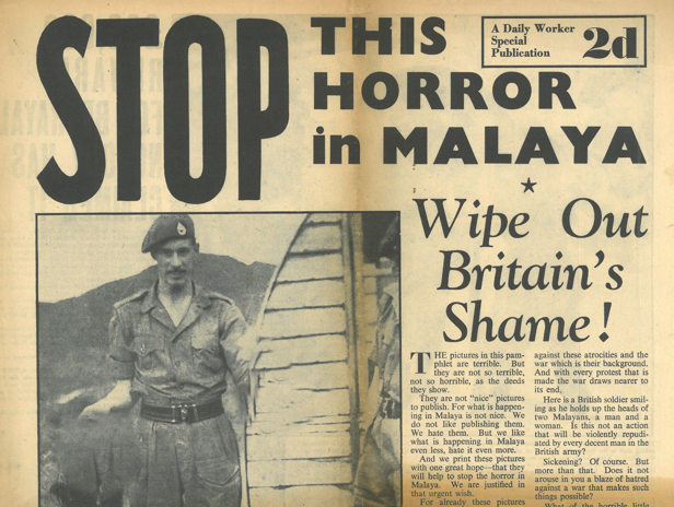 The British communist newspaper the Daily Worker exposing British atrocities during the Malayan Emergency, 1952. Author unknown, Wikimedia Commons. Gore censored.
