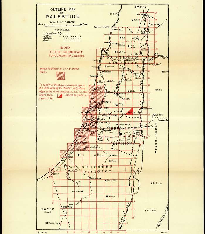 Vintage 1931 map of Palestine which has been subdivided by squares. Parts of it are demarcated as "international body"