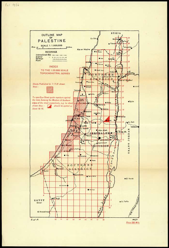 Vintage 1931 map of Palestine which has been subdivided by squares. Parts of it are demarcated as "international body"
