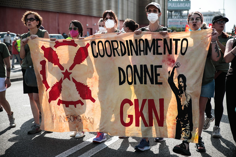 A demo by Italian GKN workers holding a banner which reads "Coordinamento donne GKN"