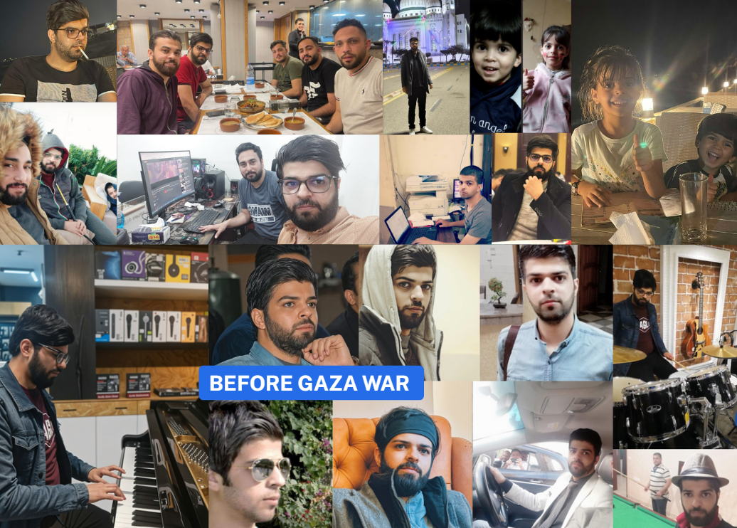 Collage of Nabil and his friends and family, titled "Before the war."