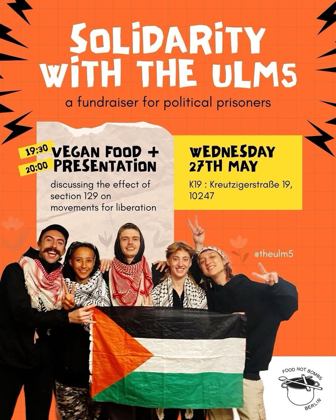 picture of five people with title solidarity with the ulm5, also includes vegan food, and date wednesday 27th may
