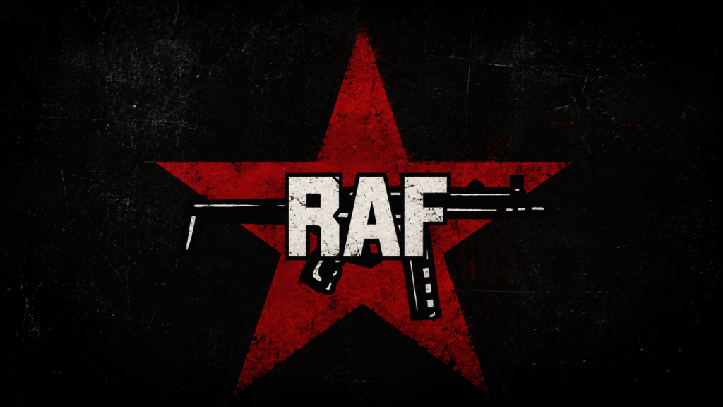 The letters R-A-F in white cover a gun. Behind both is a large red star on a black background.