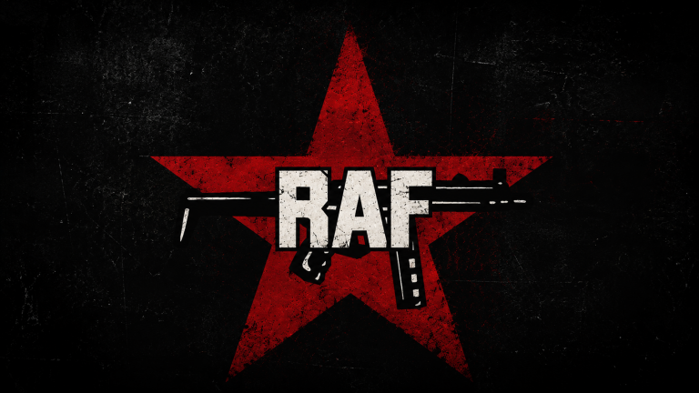 The letters R-A-F in white cover a gun. Behind both is a large red star on a black background.