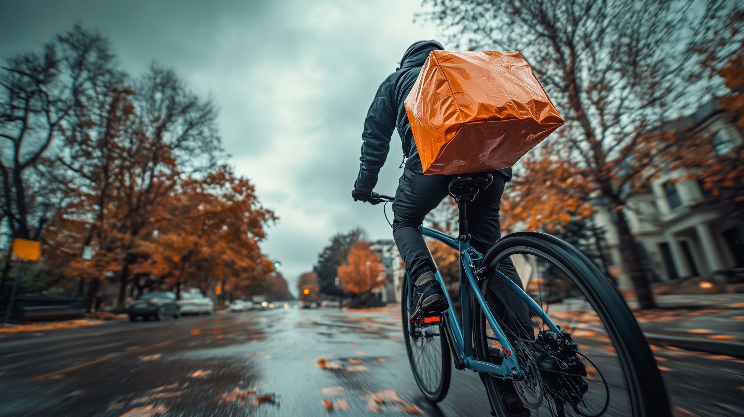 A food delivery worker with an orange delivery backpack rides away from the camera down a wet, autumn leaf-strewn street. There are a couple white houses along the street.