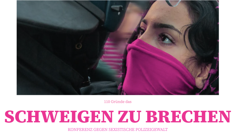 A protestor's face is just centimeters away from the helmeted face of a police officer. The protestor's nose and mouth are covered by a magented tube scarf. The protestor's head is covered with a black and pink kuffiyeh. The protestor's eyes look straight at the helmet. It is impossible to see the police's face.